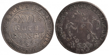 Брауншвейг-Люнебург-Калле 16 гуте гроша (2/3 талера) 1694 JJJ, Георг Вильгельм (1665-1705) KM 374.1, Welter 1595, Davenport 372 серебро 00-816-22
