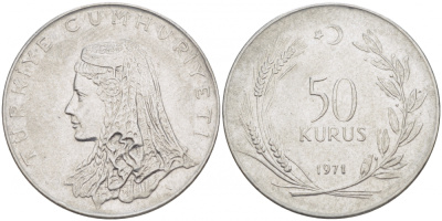 Турция 50 курушей 1971 Анатолийская невеста KM 899 нержавеющая сталь 4529-1217