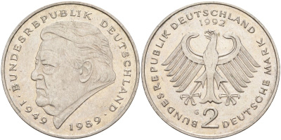 ФРГ 2 марки 1992 G , Франц Йозеф Штраус, 40 лет Федеративной Республике (1949-1989) KM 175, J. 450 медно-никель плакированный никелем 4168-516