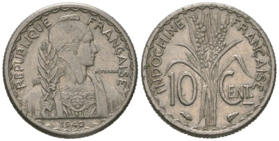 Французский Индокитай 10 сантимов 1940 KM 21.1 никель 4152-1012