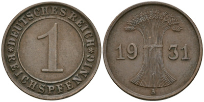 Германия 1 рейхспфенниг 1931 A KM 37, J. 313 бронза 4189-1138