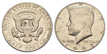 США 1/2 доллара (50 центов) 1982 P, Джон Кеннеди KM A202b медь плакированная медно-никелем aUNC 4517-543