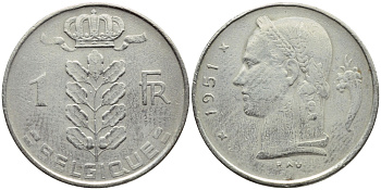 БЕЛЬГИЯ 1 ФРАНК 1951 BELGIQUE KM 142.1 медно-никель 4390-1051