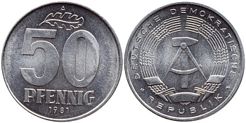 ГДР 50 пфеннигов 1981 А KM 12.2 алюминий UNC 4391-242