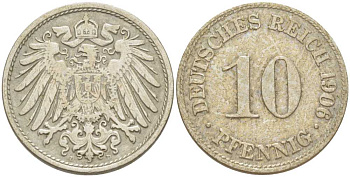 Германия 10 пфеннигов 1906 D KM 12, J. 13, Weege 8 медно-никель 259-916