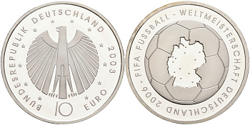 ФРГ 10 евро 2003 чемпионат мира по футболу 2006 года в Германии, первая монета KM 223, DE.S. 10.8 серебро PROOF 02-251-51