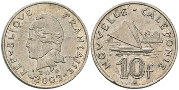 Французская Новая Каледония 10 франков 2009 рыбачья парусная лодка, (IEOM) KM 11a, Schoen 13a, Lec 99k медно-никель 62-624