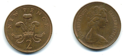 Великобритания 2 пенса 1971 Елизавета II (1952-2022) КМ 916, Spink 4235 (C1) бронза 4110-645