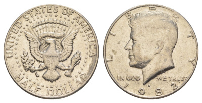 США 1/2 доллара (50 центов) 1982 P, Джон Кеннеди KM A202b медь плакированная медно-никелем aUNC 4517-543