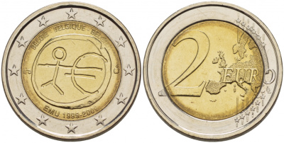 Бельгия 2 евро 2009 10 лет монетарной политики ЕС (EMU) и введения евро KM 282 биметалл UNC 1094-6-42
