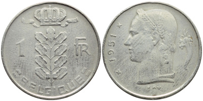БЕЛЬГИЯ 1 ФРАНК 1951 BELGIQUE KM 142.1 медно-никель 4390-1051