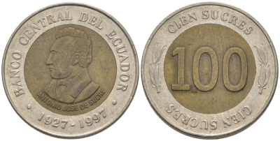 ЭКВАДОР 100 СУКРЕ 1997 АНТОНИО ХОСЕ де СУКРЕ, 70 ЛЕТ ЦЕНТРАЛЬНОМУ БАНКУ KM 101 биметалл 66-924