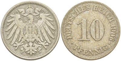 Германия 10 пфеннигов 1906 D KM 12, J. 13, Weege 8 медно-никель 259-916