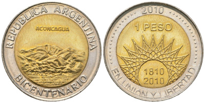 Аргентина 1 песо 2010 200 лет Аргентине - вулкан Аконкагуа KM 157 биметалл UNC 4620-637