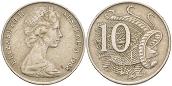 Австралия 10 центов 1968 Елизавета II (1952-), птица лирахвост KM 65 медно-никель 4521-214