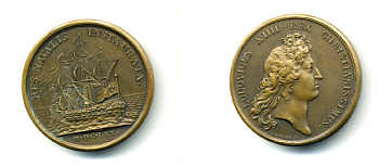 Франция медаль 1670 Людовик XIV, парусник, навигация, чекан XIX века, 31,8 гр, 41 мм бронза 1079-5-32