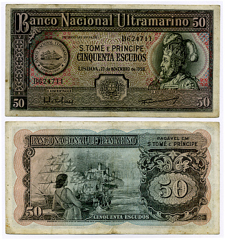 ПОРТУГАЛЬСКОЕ САН-ТОМЕ И ПРИНСИПИ 50 ЭСКУДО 1958 20.11.1958, КОРОЛЬ АФОНСУ V АФРИКАНЕЦ, ПАРУСНИКИ И ПАРОХОД Pick 37 бумага 8564-18-3