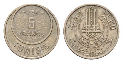 Тунис 5 франков 1954 KM 277 медно-никель 4669-517