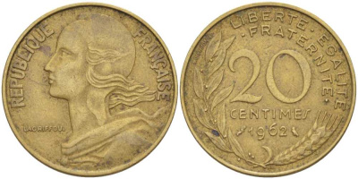 ФРАНЦИЯ 20 САНТИМОВ 1962 KM 930 медь алюминий никель 4390-1132
