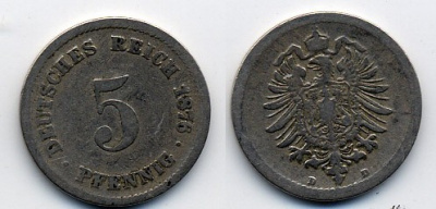 ГЕРМАНИЯ 5 ПФЕННИГОВ 1876 D, СТАРОГЕРБОВКА KM 3, J.3 медно-никель 46-521