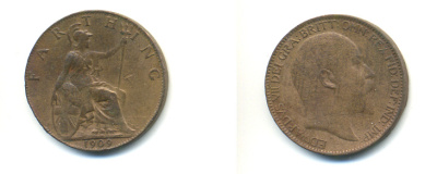 Великобритания 1 фартинг 1909 Эдуард VII (1901-1910), KM 792, Spink 3992 бронза 83-432