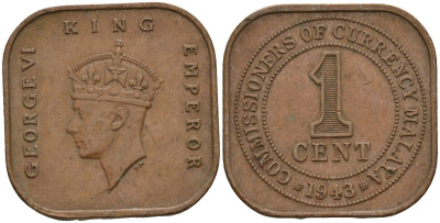 Британская Малайя 1 цент 1943 Георг VI (1937-1952) KM 6 бронза 4153-637