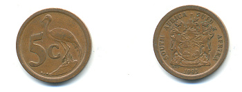 ЮАР 5 ЦЕНТОВ 1993 ГЕРБ, РАЙСКИЙ ЖУРАВЛЬ KM 134 сталь плакированная медью 177-245