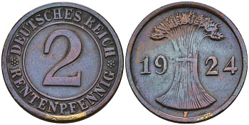 Германия 2 рентенпфеннига 1924 F KM 31, J. 307 бронза 4147-1245