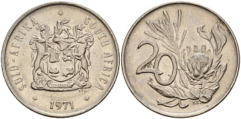 ЮАР 20 центов 1971 герб, цветок протея KM 86  никель    4601-854