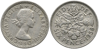 Великобритания 6 пенсов 1958 Елизавета II (1952-2022) KM 903, Spink 4149 медно-никель 4567-513