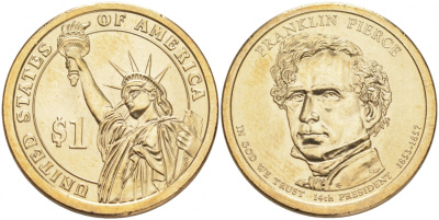 США 1 ДОЛЛАР 2010 P, СЕРИЯ ПРЕЗИДЕНТЫ США - ФРАНКЛИН ПИРС (1853-1857) KM 476 медь с марганцево-латунным покрытием UNC M31-9