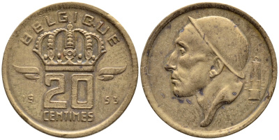 БЕЛЬГИЯ 20 САНТИМОВ 1953 BELGIQUE KM 146 бронза 4392-844