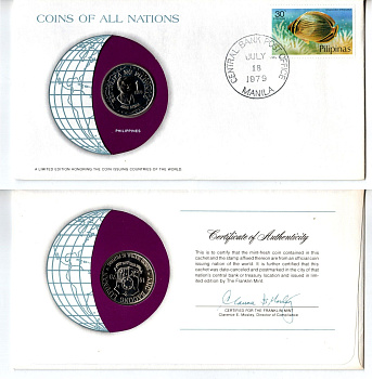 Филиппины 1 писо (песо) 1979 конверт с маркой первого дня гашения, Coins of Nations KM 209.2 медно-никель BU 4295-5-1