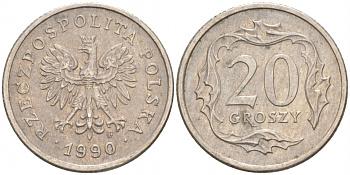 ПОЛЬША 20 ГРОШЕЙ 1990 MW KM 280 медно-никель 4516-552