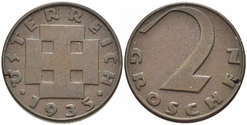 АВСТРИЯ 2 ГРОША 1935 KM 2837 бронза 4448-516