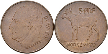Норвегия 5 эре 1972 лось, Улаф V (1958-1991) KM 405 бронза aUNC 4111-616