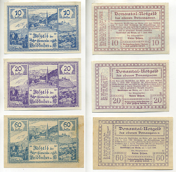 АВСТРИЯ НАБОР ИЗ 3 БАНКНОТ 1920 ДО 31 ДЕКАБРЯ 1920, НОТГЕЛЬД, 10, 20, 50 ГЕЛЛЕРОВ, WEISSENKIRCHEN? ST. MARGARITA am WALDE бумага XF 6283-3-3