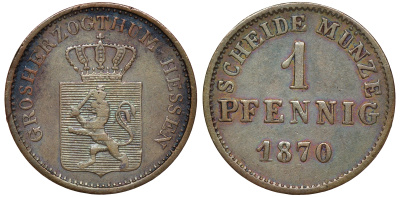 Гессен-Дармштадт 1 пфенниг 1870 Людвиг III (1848-1877) KM 337, Jaeger 55, AKS 131 медь 220-934