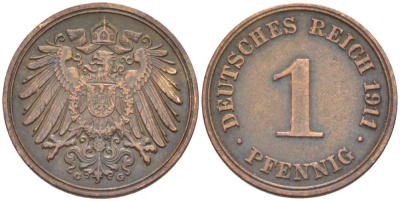 ГЕРМАНИЯ 1 ПФЕННИГ 1911 G KM 10, J. 10 медь 112-1117