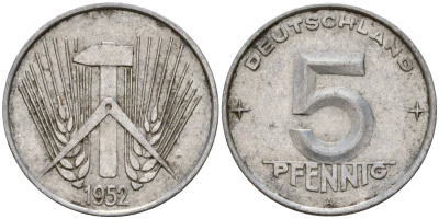 ГДР 5 пфеннигов 1952 A KM 6 алюминий 206-366