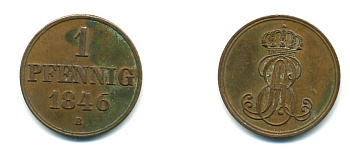Ганновер 1 пфенниг 1846 B, Эрнст Август (1837-1851) KM 201.1, AKS 129, J. 74 медь 35-821