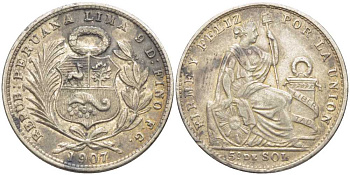 ПЕРУ 1/5 СОЛЯ 1907 FG, LIMA KM 205.2 серебро 5010-1024