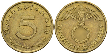 Германия 5 рейхспфеннигов 1937 A KM 91, J. 363 алюминиевая бронза 4151-737