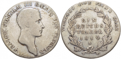 Пруссия 1 талер 1814 A, Фридрих Вильгельм III (1797-1840) Jaeger 33, AKS 11, Kahnt 362, Davenport 756, KM 387, Thun 244 серебро 1066-5-11