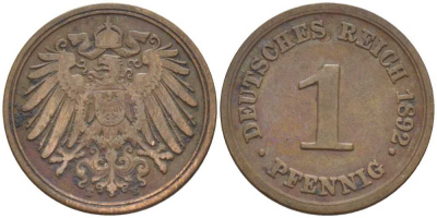 ГЕРМАНИЯ 1 ПФЕННИГ 1892 E KM 10, J. 10, Weege 2 медь 211-148