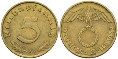 Германия 5 рейхспфеннигов 1937 A KM 91, J. 363 алюминиевая бронза 4151-737
