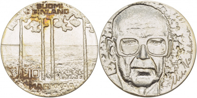 Финляндия 10 марок 1975 S-H, 75 лет президенту Урхо Кекконену KM 54 серебро UNC 1515-1535