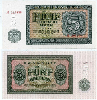 ГДР 5 марок 1955 MUSTER, образец, перфорация Pick 17s, Ro.349a бумага UNC (пресс) 000-00-00