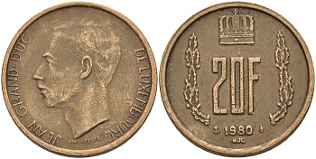 Люксембург 20 франков 1980 герцог Жан (1964-1999) KM 58 алюминиевая бронза 4126-326