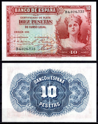 Испания 10 песет 1935 Pick 86 бумага UNC (пресс) 8621-32-1-2